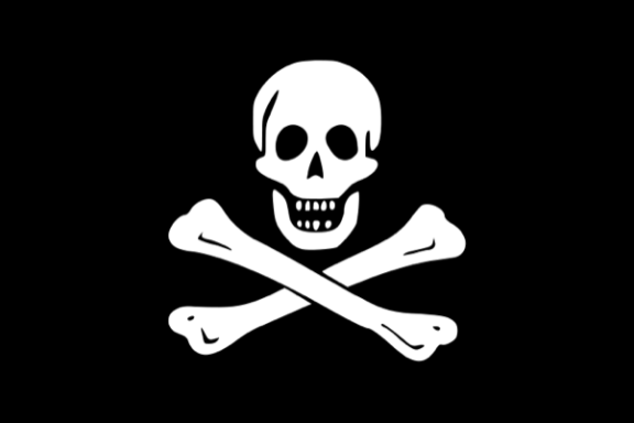 White skull and crossbones on a black background.