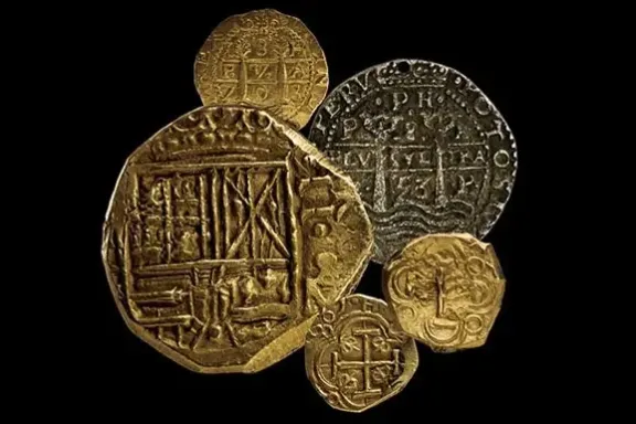 A collection of gold and silver ancient coins on a black background.
