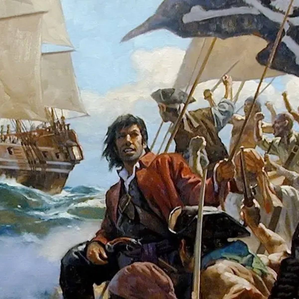 Pirates on a ship with a Jolly Roger flag, preparing to battle a sailing ship on rough seas.