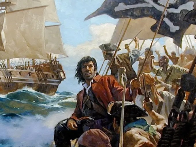 Pirates on a ship with a Jolly Roger flag, preparing to battle a sailing ship on rough seas.