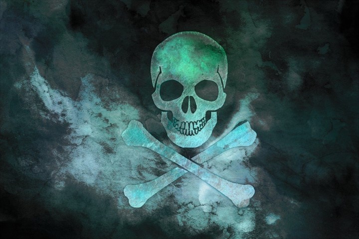 Green skull and crossbones on a dark textured background.