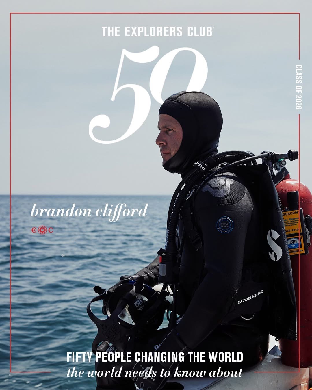 Scuba diver prepares to enter water on The Explorers Club's magazine cover.