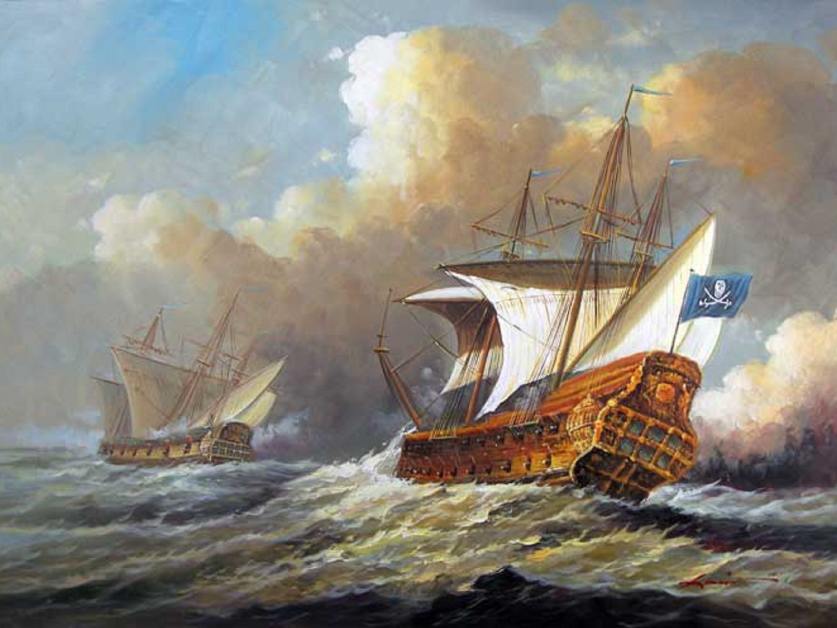 Two sailing ships on stormy seas; one flying a pirate flag.