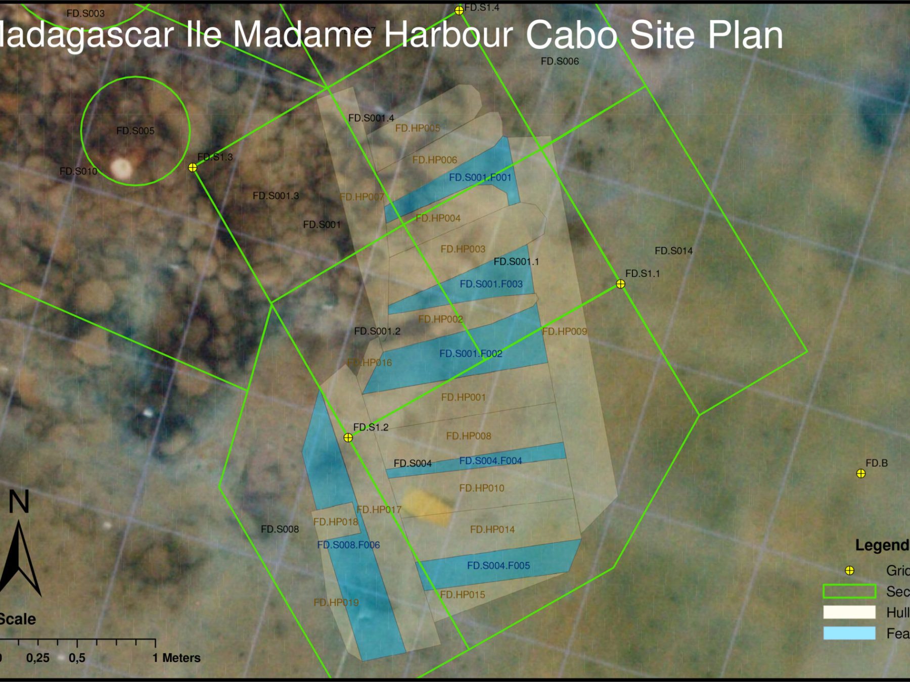 Site plan map of Madagascar Ile Madame Harbour with grid and labeled sections.