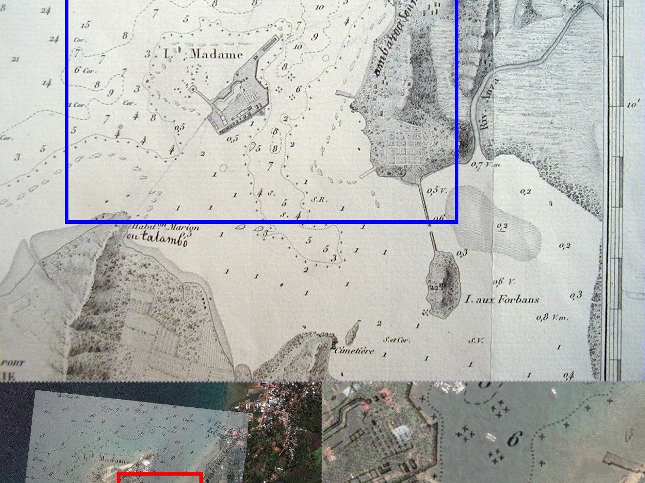 Overlay of historical and satellite map images with marked areas in blue and red.