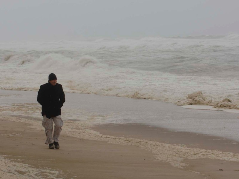 A person walks alone on a misty beach next to rough ocean waves.