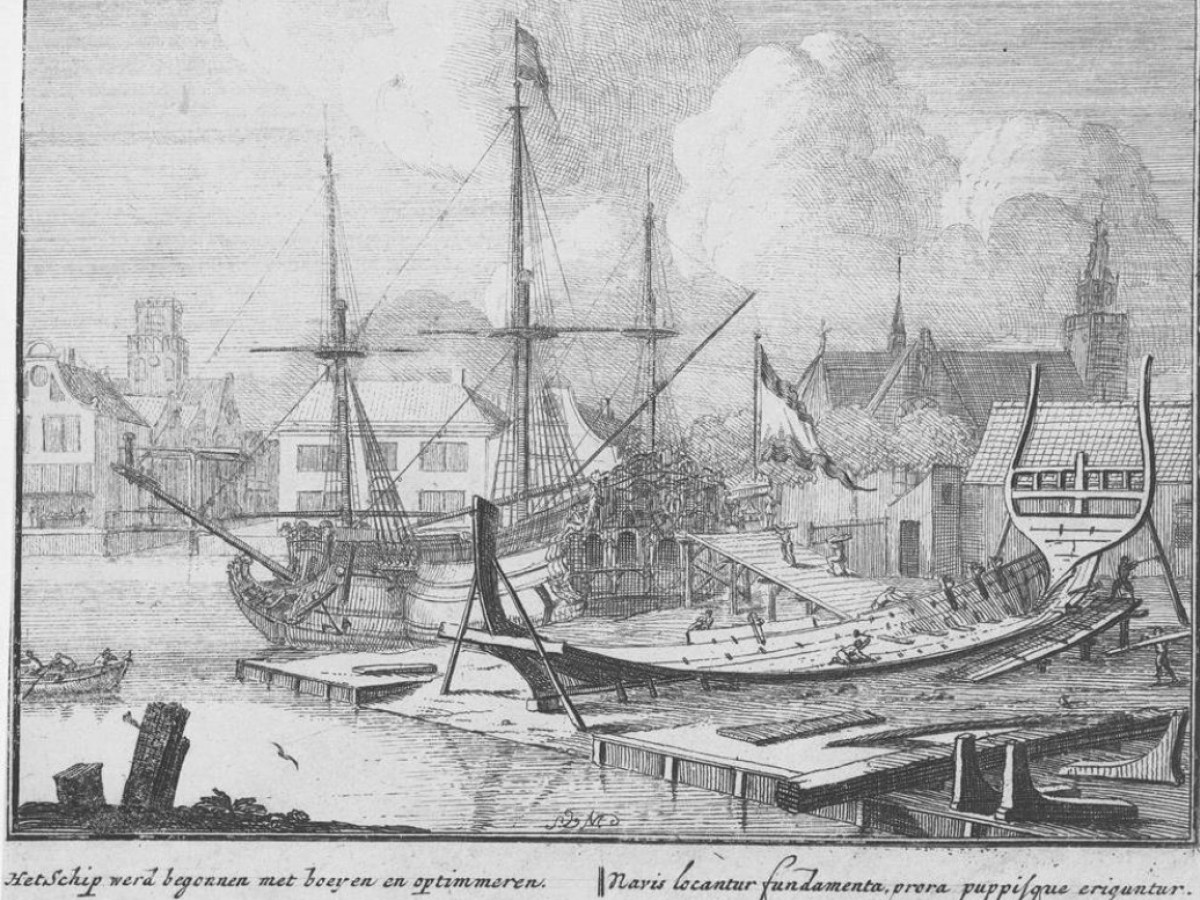 Black-and-white etching of a shipyard with ships under construction.